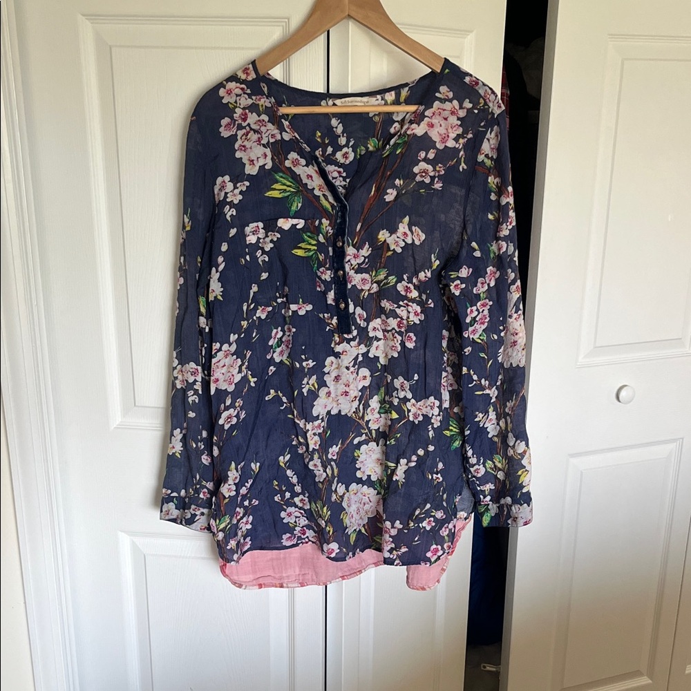 Soft Surroundings Navy Floral Blouse with Pink Accents